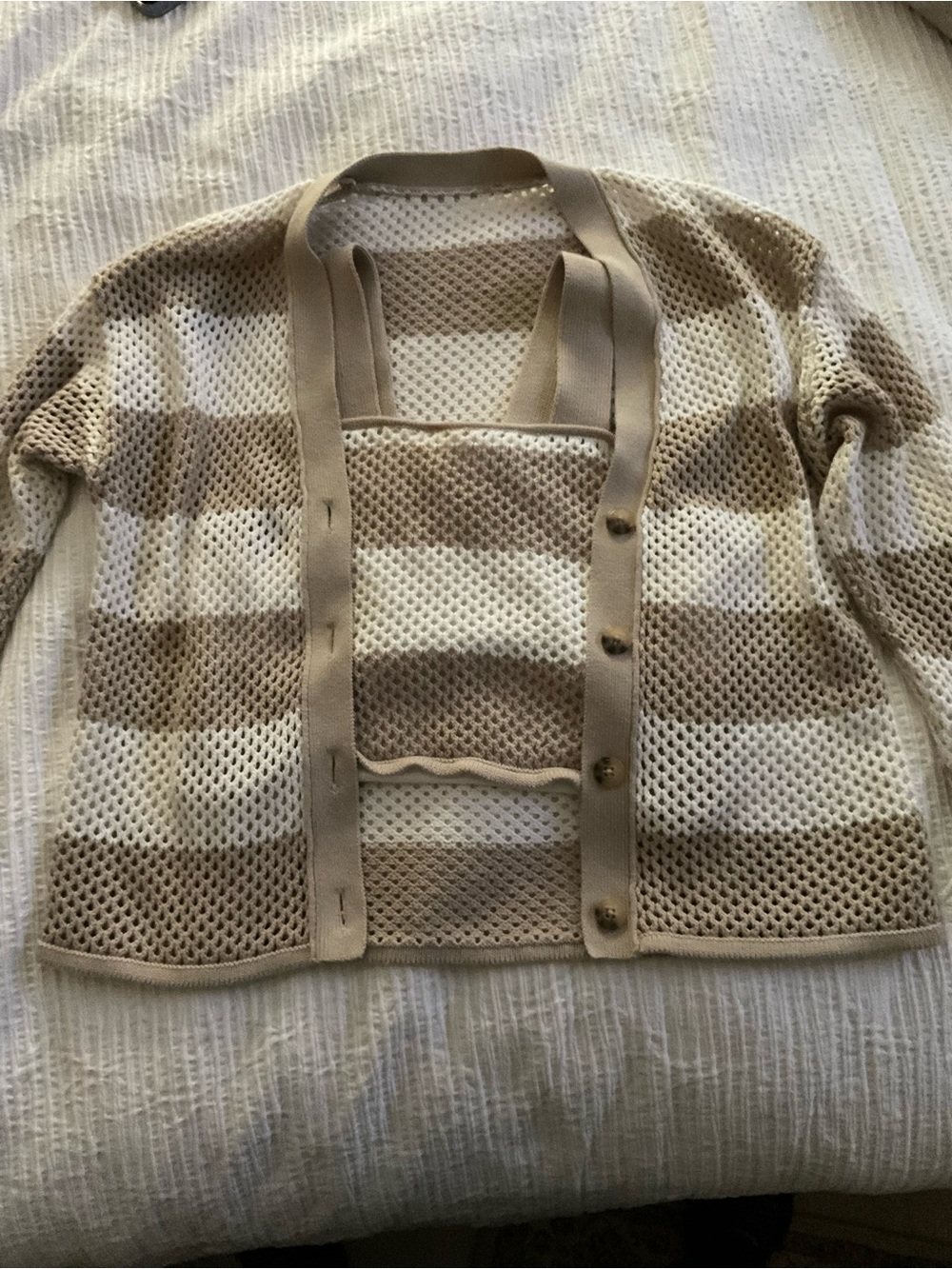 Kids Open-Knit Striped Cardigan - Cream & Tan